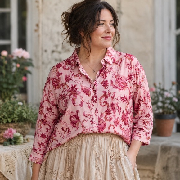 Chico's Tops - NWOT Chico's 4 Stretch Cotton Floral Button Shirt Pink Red 3/4 Sleeve Boho US 20